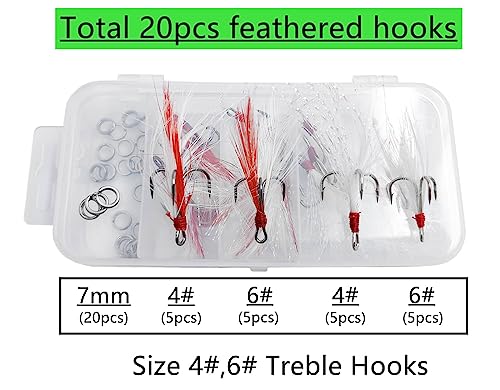 Fishing Treble Hooks Feather Hook: Dressed Fishing Hooks Set with Split Rings for Making Fishing Lure