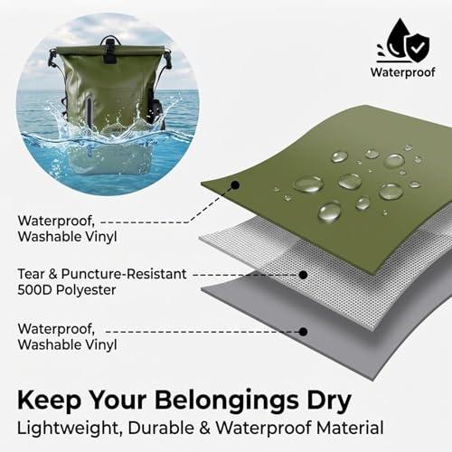 Dry Bag Waterproof 25L-Floating & Lightweight Bags for Women Waterproof Backpack for Kayaking, Boating, Fishing, Paddle Boarding, Camping, Hiking, Roll-Top Seal & Adjustable Shoulder Straps - color: Olive Green
