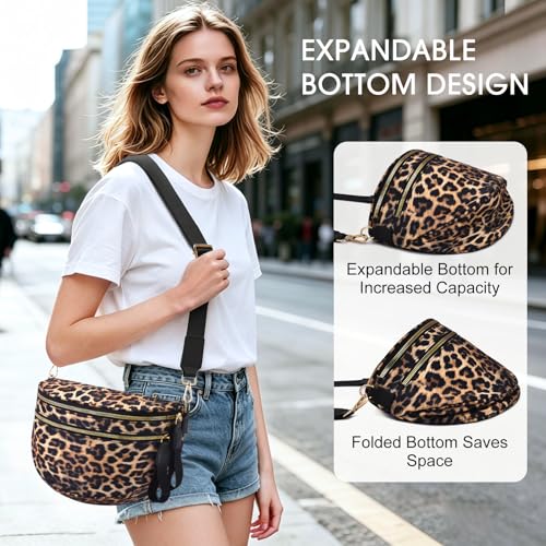 Checkered Nylon Crossbody Bag Bum Bag for Women Mom Large Checkered Fanny Packs with Adjustable Strap - color: Leopard