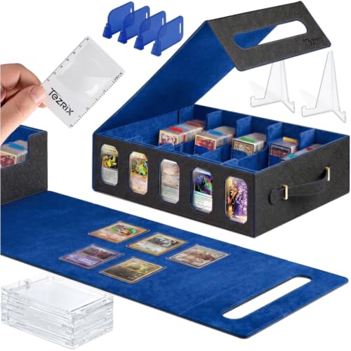 5-Row Mtg Trading Card Storage Box With Display Windows - Magnifier Ruler, 2 Display Stands, 7 Cardholders - 3900+ Card Case With Magnetic Closure, Sports TCG Card Organizer - Blue Card Boxes - color: Black, Blue (5 Row)