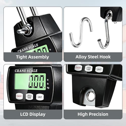 Digital Hanging Scale, 1100lb/500kg Crane Scale, Handheld Digital Hanging Scale, Mini Crane Scale with LCD Display and Hooks, Aluminum Alloy Body for Hunting, Outdoor, Fishing, Farm (Black) - color: Black-1100lb