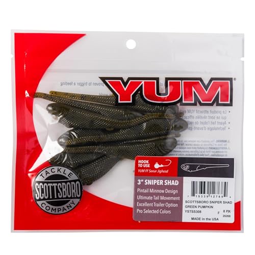 YUM Sniper Shad Soft Plastic – Realistic Minnow Bass Fishing Lure, Jig Head & Underspin Trailer, 3” 4” 5” Sizes, Multiple Colors - color: Green Pumpkin, size: 3"