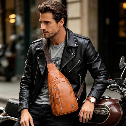 Crossbody Bags for Men Leather Sling Bags Mens Chest Bag Backpack Travel Hiking Fishing Outdoor Sports - color: Light Brown