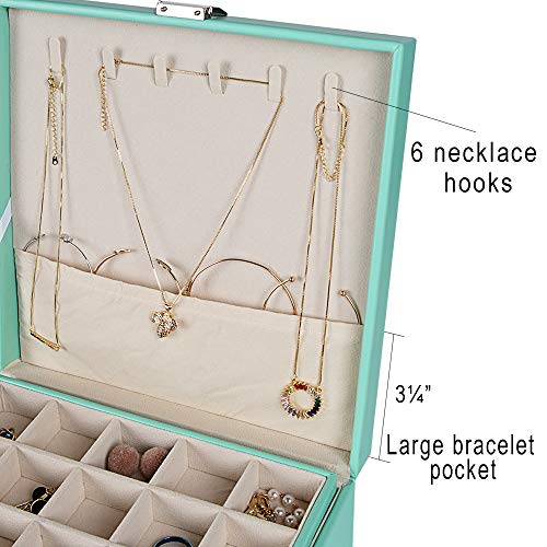 Frebeauty Earring Organizer Classic Jewelry Box 50 Slots Double Layer Jewelry Storage Case with 6 Necklace Hook and Bracelet Pocket(Turquoise) - color: Turquoise