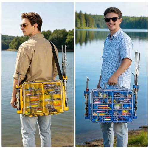 THKFISH Waterproof Double Side Tackle Box, Portable Storage Box with 2 Pack 3500 Stowaway Boxes & Rod Holders, Fishing Lure Organizer YellowPink/Green/Blue/Grey (L-Blue) - color: L-Blue
