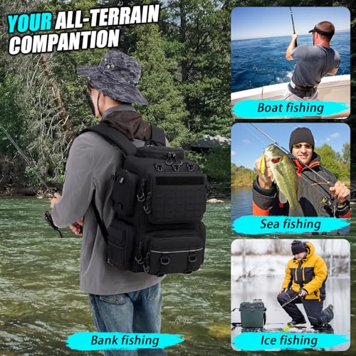 Tactical Fishing Backpack with Tackle Boxes, Rod Holders & Bottle Holder, 50 L Large Tackle Box Backpack with Cooler, Fishing Tackle Bag with Trays Store Gear & Equipment, Black - color: Black