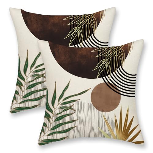 Brown Boho Pillow Covers 16x16 Inch 2 Pcs Tan Tropical Leaf Mid Century Summer Outdoor Decor Throw Pillows Modern Geometric Farmhouse Decoration Pillowcase Linen Cushion Cover for Couch Sofa - color: Brown Boho, size: 16" x 16" (Pack of 2)
