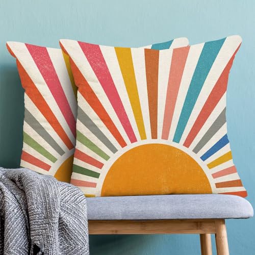 Colorful Stripes Pillow Covers 16 x 16 Set of 2, Boho Rainbow Sun Outdoor Decorative Throw Pillows Farmhouse Linen Summer Sunshine Cushion Case for Home Couch Sofa Decor - color: Sun1, size: 16" x 16" (Pack of 1)