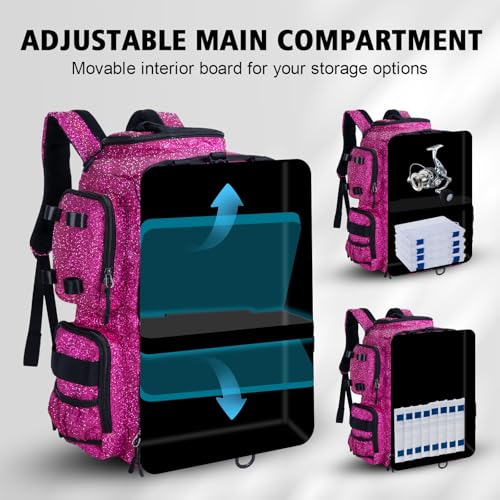 Goture Fishing Backpack,900D Water-Resistant Tackle Backpack with Rod Holders,45L Large Fishing Bag Storage Gear Tackle Bag with Rain Cover,Bottle Holder for Travel Camping Hiking(Without Tackle Box) - color: 45L Bling Pink with Bottle Holder