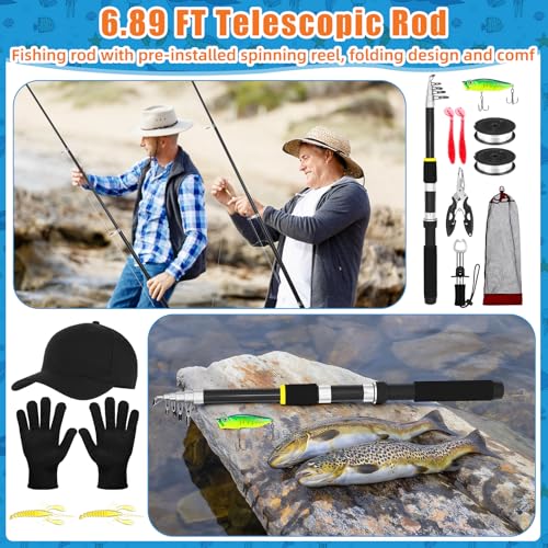 Telescopic Fishing Rod and Reel Combo 2 Pcs Collapsible Fishing Pole Kit with Plier Lip Gripper Lures Carrier Bag Pre-Loaded Spinning Reel for Beginner Men Travel Saltwater Freshwater - size: 7.87ft
