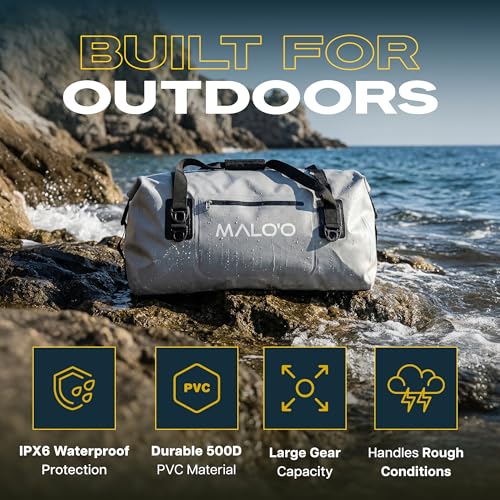 Malo’o Waterproof Dry Duffel, Heavy-Duty Roll Top Waterproof Gear Bag with Shoulder Strap & Molle Loops, Marine Duffel for Kayaking, Boating, Camping, Beach & Travel, Grey, 40L - color: Grey, size: 40L