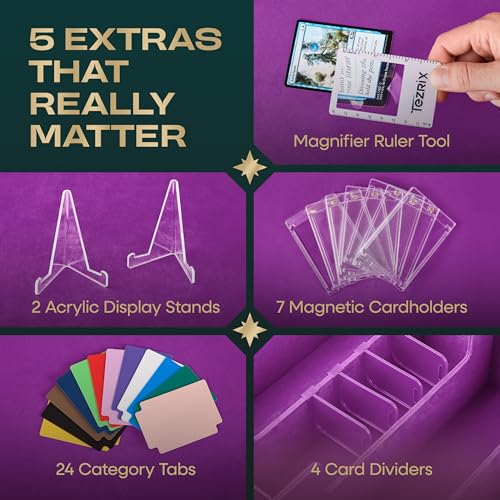 5-Row Mtg Trading Card Storage Box With Display Windows - Magnifier Ruler, 2 Display Stands, 7 Cardholders - 3000+ Card Case With Magnetic Closure, Sports TCG Card Organizer - Purple Card Boxes - color: Black, Purple (5 Row)
