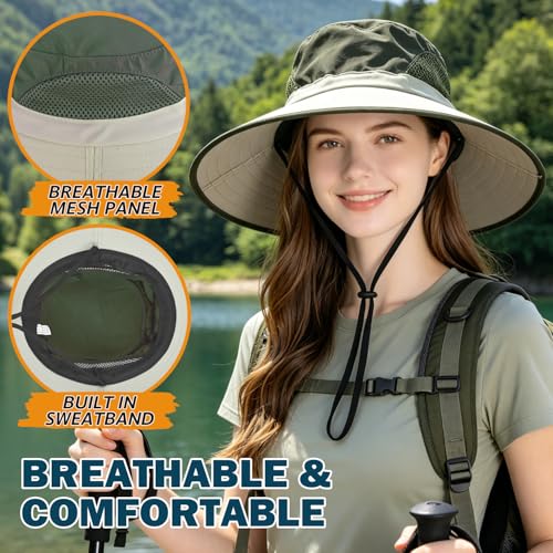 Wide Brim Sun Bucket Hat, Waterproof Boonie Hat for Men & Women | UPF 50+ UV Protection, Adjustable Fit, Chin Strap & Sweatband, Foldable Durable for Fishing Hiking Garden Beach - color: 02 Beige+army Green