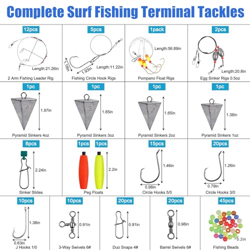 Saltwater Gear Surf Fishing Tackle Kit, Include Saltwater Lures, Pyramid Sinker Weights, Bucktail Jigs, Spoons, Leader Rigs, Catfish Hooks Swivels, Pier Ocean Sea Surf Fishing Freshwater Accessories