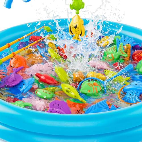 Magnetic Fishing Pool Toys Game for Kids Toddlers 3-5 4-8, Water Table Bathtub Toy with Inflatable Pool Pole Rod Net Plastic Floating Fish, Water Bath Pool Outdoor Toys for Kids Toddlers Baby - style: 44 fish with pool