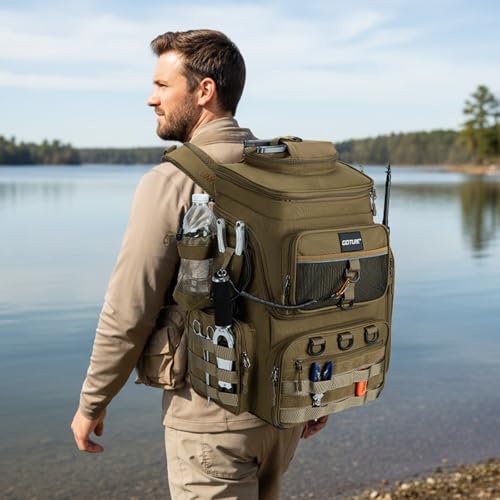 Goture Fishing Backpack with 4 Tackle Boxes, 900D Water-Resistant Tackle Backpack with Rod Holders,Insulated Cooler Compartment, 55L Large Capacity Fishing Gear Storage Bag for Saltwater & Freshwater - color: A3:khaki(4 Tackle Boxes Included)