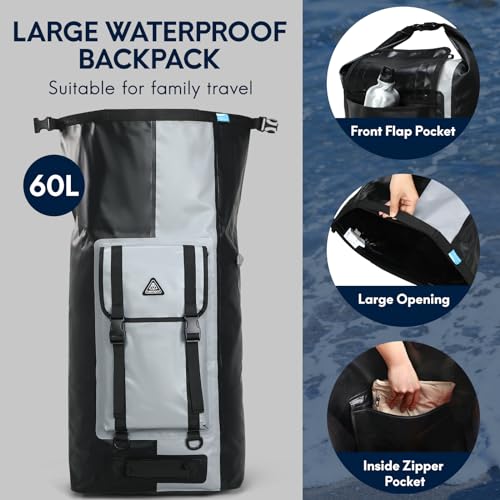 Haimont Waterproof Backpack Roll Top Dry Bag Kayak Dry Backpack IPX7 for Outdoor Dry Pack Boating Fishing 60L, Black/Gray - color: Black/Grey, size: 60L