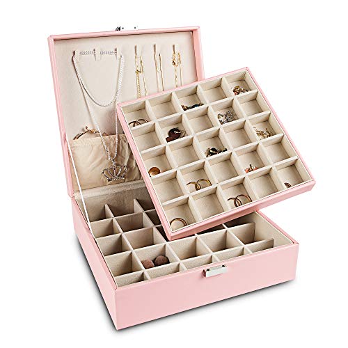 Frebeauty Earring Organizer Classic Jewelry Box 50 Slots Double Layer Jewelry Storage Case with 6 Necklace Hook and Bracelet Pocket(Pink) - color: Pink