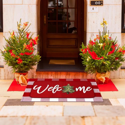 Tinideya 2 Pcs Christmas Doormats Xmas Tree Welcome Outdoor Door Mats Red and White Layered Front Door Rugs Non Slip Floor Mats for Holiday Porch Entryway Xmas Holiday Seasonal Decor - size: 16 x 28 Inch,24 x 35 Inch, style: Xmas Tree