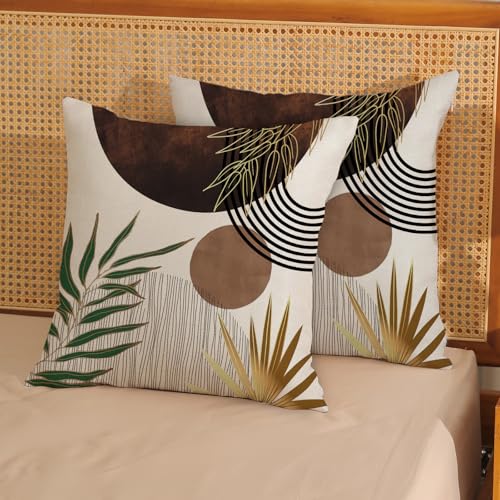 Brown Boho Pillow Covers 16x16 Inch 2 Pcs Tan Tropical Leaf Mid Century Summer Outdoor Decor Throw Pillows Modern Geometric Farmhouse Decoration Pillowcase Linen Cushion Cover for Couch Sofa - color: Brown Boho, size: 16" x 16" (Pack of 2)