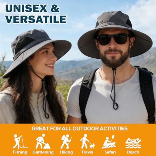Wide Brim Sun Bucket Hat, Waterproof Boonie Hat for Men & Women | UPF 50+ UV Protection, Adjustable Fit, Chin Strap & Sweatband, Foldable Durable for Fishing Hiking Garden Beach - color: 01 Dark Grey