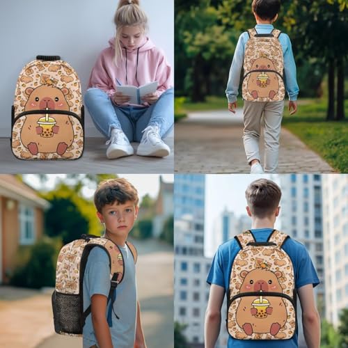 Cute Capybara Backpack for Boys Girls Elementary School Bookbag Satchel 4 Pack Backpacks with Insulated Lunch Bag and Pencil Case Water Bottle Holder Set - color: Capybara Cartoon