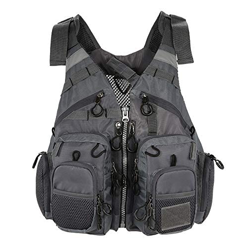 JKSPORTS Fly Fishing Vest - Fishing Safety Life Jacket for Swimming, Sailing, Boating, Kayak - Floating Multifunction Breathable Backpack for Men and Women - Adjustable, Grey/Green/Red/Blue - color: Deep Gray, size: with foam