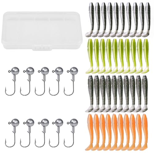 Paddle Tail Swimbaits Lures, 40 Pcs 2.36 Inch Soft Plastic Fishing Lures and 10 Pcs Fishhooks with Box, Bass Fishing Lure Swim Baits with 4 Color, for Trout, Crappie, Bass, Freshwater, Saltwater - color: A