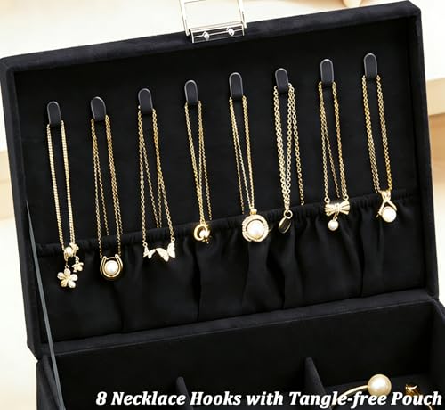 QBestry Jewelry Box for Women with Drawer, 3-Layer Large Jewelry Organizer with Lock & Key, 8 Necklace Hooks & 56 Earring Holes, Black Velvet Jewelry Storage Box for Necklaces Earrings Rings Bracelets - color: Black