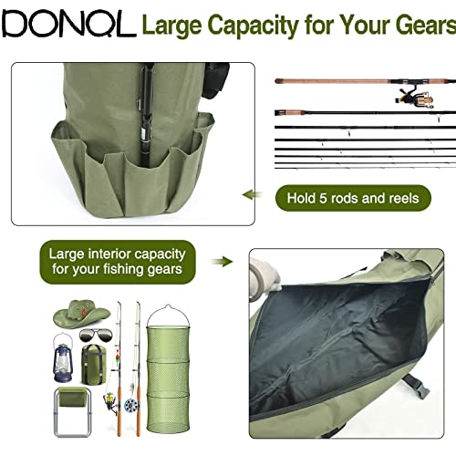 DONQL Fishing Rod Bags, Outdoor Fishing Pole Case, Multifunction Camping Portable Travel Carry Cases Backpack, Fishings Rod and Reel Case Holds 5 Poles & Rig Tackles, Fishings Gift for Men - color: Dark Green