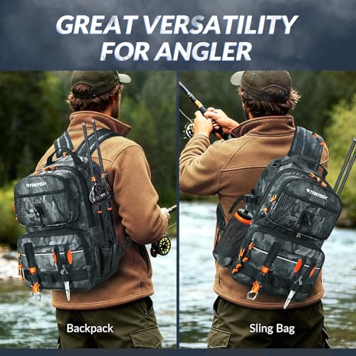 THKFISH Waterproof Fishing Backpack with Rod Holder, 20L Lightweight Fishing Tackle Sling Bag Store Gear and Equipment - color: Black