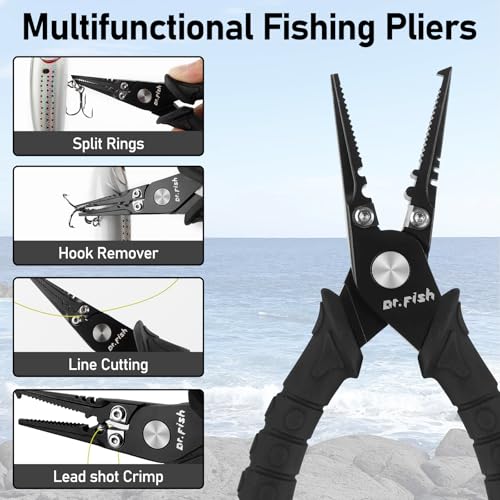 Dr.Fish Fishing Split Ring Pliers Fish Lip Gripper Hook Remover Black | Freshwater & Saltwater Fishing Tools: 420 Stainless Steel Lip Gripper Hook Remover with PVC Handle, Lanyards and Sheath - color: Black-6"