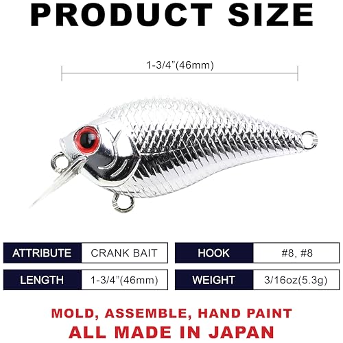 Lucky Craft LC 0.5 Squarebill Crankbait, Silent Fishing Lure for Bass Trout and Pike, Made in Japan, Freshwater Fishing Gear, Hard Bait Bass Lures - color: 074 Chrome