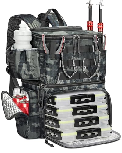 MATEIN Fishing Backpack with 4 Tackle Boxes, Fishing Bag with Rod Holder & Safety Compass & Cooler, Gifts for Fishermen - color: Camouflage