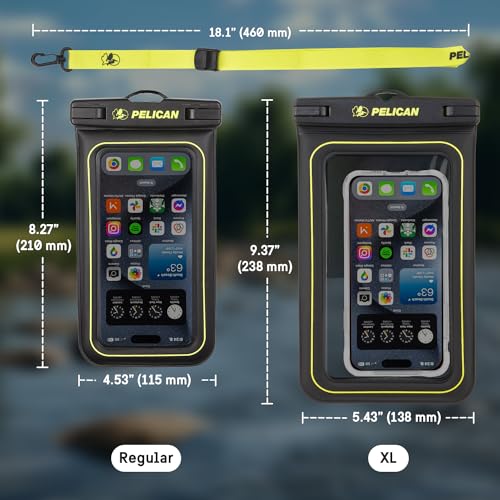 Pelican 2 Pack Marine Waterproof Phone Pouch (Regular) -Black/Hi-Vis Yellow | Touchscreen IP68 Floating Waterproof Phone Case w/Detachable Lanyard - Fits All Phones - Beach Cruise Ship Travel Essentials - color: Black/Neon - 2 Pack - Regular, size: Regula