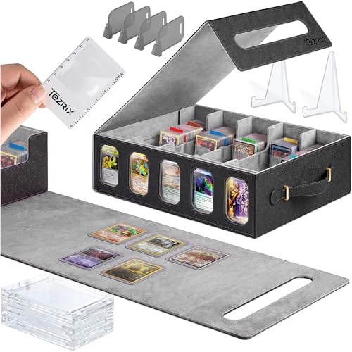 5-row Trading Card Storage Box with Display Windows | Magnifier Ruler, 2 Display Stands, 7 Cardholders & 24 Category Tabs Included | 3900+ Card Case with Magnetic Closure, Black Gray Card Box - color: Black, Gray (5 Row)