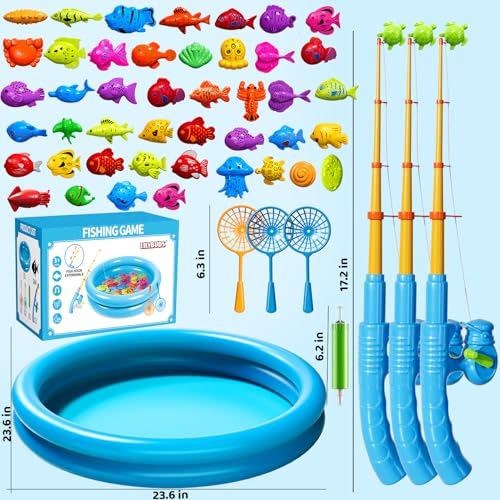 Magnetic Fishing Pool Toys Game for Kids Toddlers 3-5 4-8, Fishing Water Table Bathtub Toy with Inflatable Pool Pole Rod Net Plastic Floating Fish, Water Bath Pool Outdoor Toys for Kids Toddlers Baby - style: 44Fish+3Rod+3Net+Pool