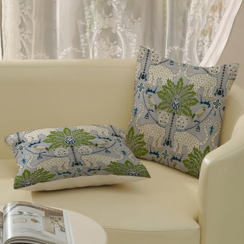Blue Green Outdoor Pillow Covers 16x16 Inch 2 Pcs Boho Vintage Tropical Palm Leopard Decor Throw Pillows Summer Coastal Farmhouse Decoration Pillowcase Linen Cushion Cover for Couch Sofa Bed - color: Blue Green Leopard, size: 16" x 16" (Pack of 2)