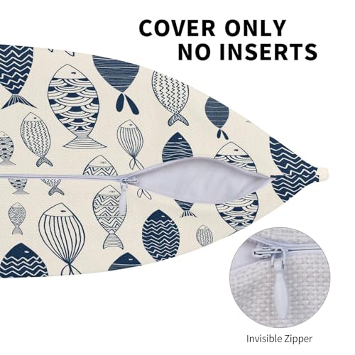 Ornamental Fish Throw Pillow Covers Watercolor Blue Fish Square Pillow Cases 20x20 Inch Set of 2 Cute Sea Sketch Outdoor Decorative Pillowcase Cushion Cover for Couch Sofa - color: Blue Beige, size: 20" x 20" (Pack of 2)