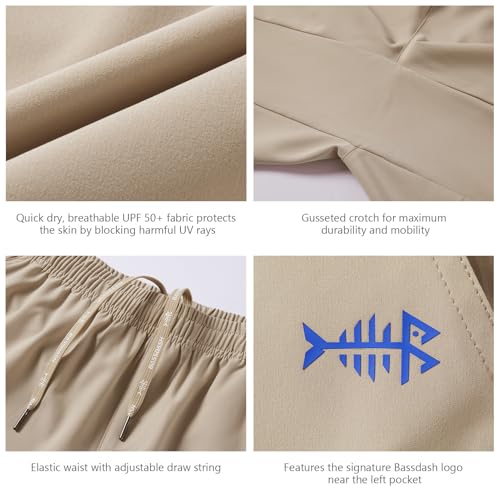 BASSDASH Men’s 7” Fishing Shorts UPF 50+ Lightweight Water Resistant Quick Dry for Hiking with Zipper Pocket FP06M - color: Light Khaki, size: X-Large