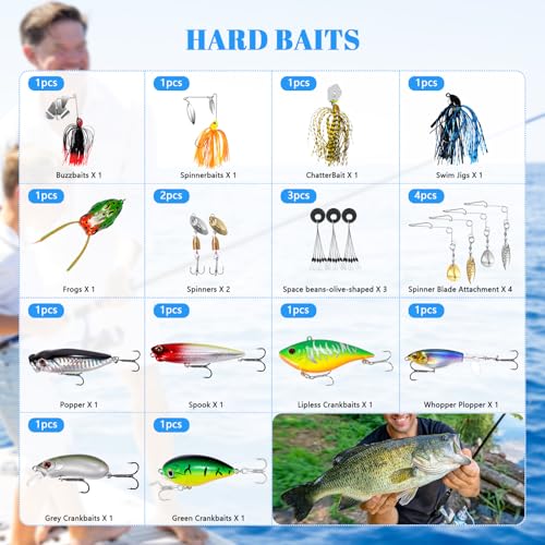 FONMANG 322-Piece Fishing Lures Kit - Buzz Bait/Spinner Baits/Jig/Frog, Fishing Tackle Box with Tackle Included, Soft Bait/Hooks/Weights, Fishing Gear Lure Kit Gift for Men Freshwater Bass Trout - color: A-322pcs Bass Fishing Kit
