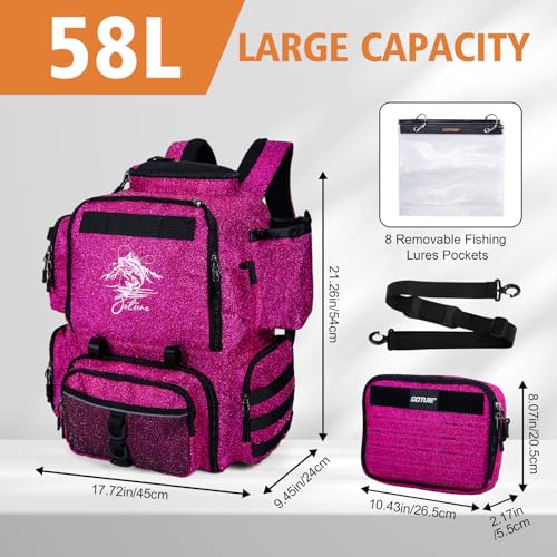 Goture Fishing Backpack, 900D Water-Resistant Tackle Backpack with Rod Holders, 58L Large Storage Gear Fishing Tackle Bag with Detachable Crossbody Bag,8 Lure Pockets,Bottle Holder for Camping Hiking - color: Bling Pink