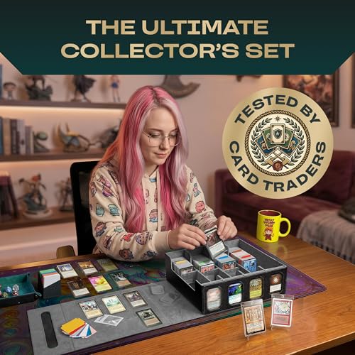 4-Row Mtg Trading Card Storage Box With Display Windows - Magnifier Ruler, 2 Display Stands, 6 Cardholders - 3000+ Card Case With Magnetic Closure, Sports TCG Card Organizer - Gray Card Boxes - color: Black, Gray (4 Row)