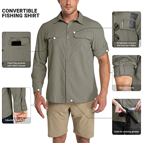 Outdoor Ventures Men's UPF 50+ UV Sun Protection Shirt, Long Sleeve Hiking Fishing Shirt Cooling Quick Dry for Safari Travel - color: Green Gray, size: Large