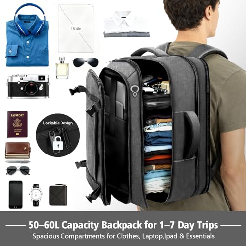 Spacious Carry On Backpack,Expandable Large 1-7DAYS Capacity Travel Backpack with Cable Access Port,Fits 18.4" Laptop,Anti Theft Water Resistant Work Backpack for Men Women,Extended Travel Work,Grey - color: Grey, size: 18.4inch (22"x14"x9")