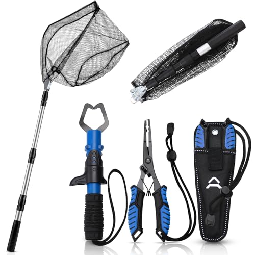 RoundFunny 3 Pcs Fishing Tool Kit, Fishing Landing Net with Telescoping Pole Handle, Fish Plier with Sheath, Fish Lip Gripper for Freshwater Extend to 30-56 Inches, Gear Gifts for Men Women
