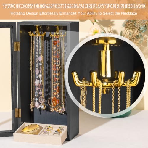 SINGLBA Necklace Holder Organizer, Wooden Jewelry Box for Women Girls, Rotatable Jewelry Organizer Case with Ring Tray Display & Storage for Necklaces Bracelets Rings Earrings, Gifts for Women Her - color: Black
