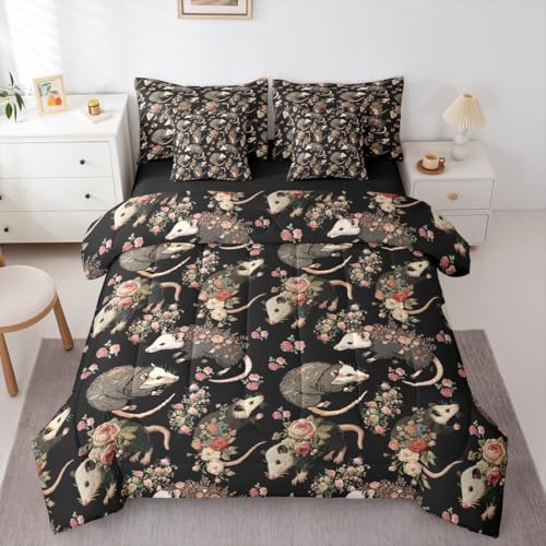 Erosebridal Opossum Comforter Set with Sheets Full Size Rosy Animal 7-Piece Bedding Set for Kids Boys Girls Floral Garden Natural Romantic Wildlife Beige Black Pink Lightweight Bed in A Bag - color: Beige Black Pink, size: Full