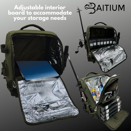 Baitium Fishing Backpack, Tackle Bag With Rod Holders, 40L Capacity With Cooler, Rain Cover, Insulated Pocket, 4 Tackle Trays Included - (Grey) - color: Grey