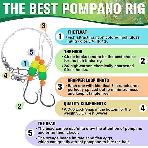 Pompano-Rigs-for-Surf-Fishing-Saltwater-Gear with Double Circle & Wide Gap Hook-6-Pack Surf Fishing Tackle - color: Green and Chartreuse 6-Pack, size: 2/0 Circle Hook